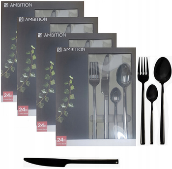 Sztućce Ambition Como 96 zestaw czarne black dla 24 osób kolorowe nierdzewne komplet nowoczesne do zmywarki