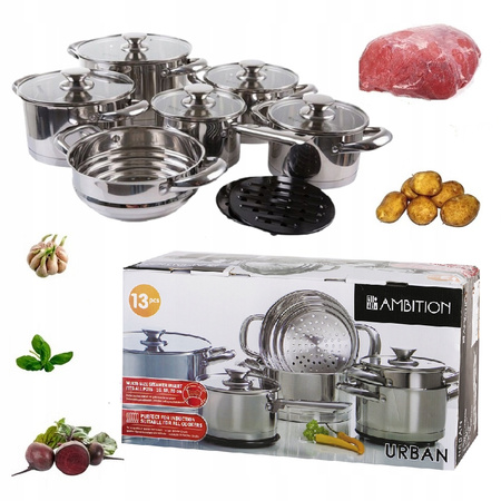 Ambition 13 garnki Urban stalowe nierdzewne tradycyjne na indukcję gaz komplet garnków ze stali nierdzewnej z wkładem na parę