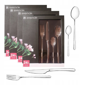 Sztućce Ambition Sevilla zestaw 96 elementów komplet dla 24 osób nowoczesne gładkie bez wzoru nierdzewne do zmywarki