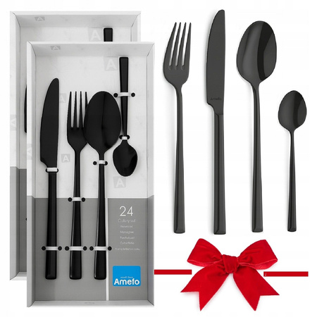 Sztućce Amefa Metropole czarne black zestaw 48 elementów nierdzewne komplet dla 12 osób nowoczesne eleganckie gładkie bez wzoru