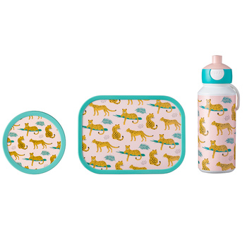 MEPAL zestaw 3 lunchbox śniadaniówka dla dziecka pojemnik bento na kanapki owoce bidon butelka zwierzęta Leopard Lampart
