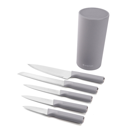 Ambition komplet noży Curly w szarym bloku ostre noże kuchenne szare nowoczesne na stojaku zestaw 5 sztuk