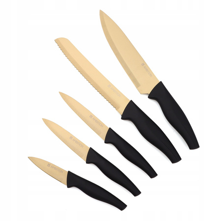 Ambition komplet noży Royal w czarnym bloku ostre noże kuchenne czarne z powłoką tytanową nowoczesne w stojaku zestaw 5 sztuk 