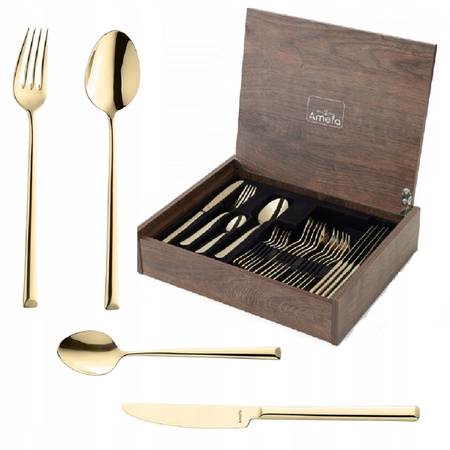 Sztućce Amefa Metropole złote goold zestaw 24 elementy w kasecie drewnianej komplet dla 6 osób nowoczesne gładkie bez wzoru 