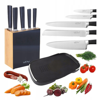 Vialli  komplet noże kuchenne zestaw  5  Fino w bloku drewnianym deska kuchenna Livio dwustronna do mięsa ryb chleba