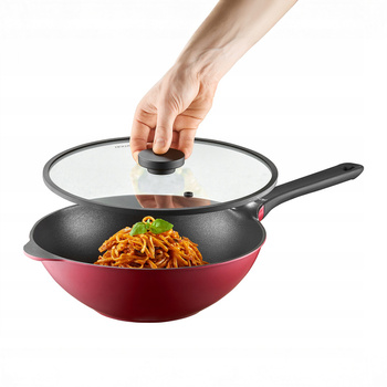 Ambition wok Noel 30 cm duży czerwony patelnia z powłoką nieprzywierającą z pokrywą do dań chińskich z powłoką nieprzywierającą na gaz indukcję