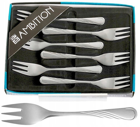 Ambition sztućce Napoli zestaw 6 widelczyki do ciasta tortu nierdzewne komplet dla 6 osób klasyczne z wzorem fala w pudełku
