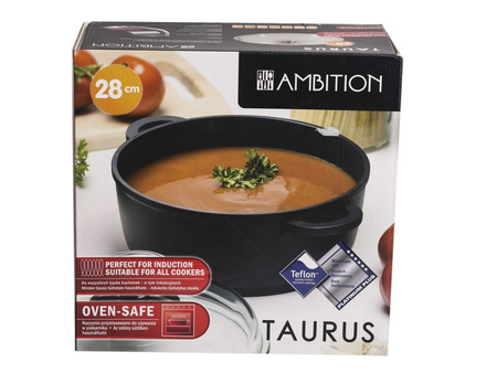 Ambition patelnia głęboka 28 cm Taurus z dwoma uchwytami pokrywą żaroodporną brytfanna z aromatyzerem do piekarnika na indukcję gaz