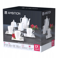 Ambition porcelana Kubiko biała serwis do kawy herbaty nowoczesny kwadratowy zestaw 17 elementów dla 6 osób