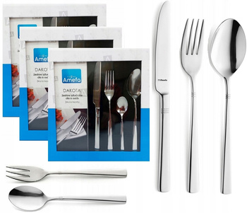 Sztućce Amefa Dakota zestaw 90 sztuk dla 18 osób komplet 3 x 24 obiadowe z widelczyki do ciasta bez niklu