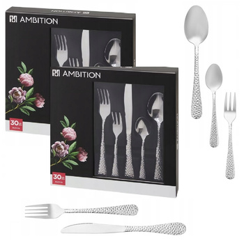 Sztućce Ambition Bubble zestaw 60 obiadowe komplet dla 12 osób z widelczykami do ciasta z tłoczonym wzorem nowoczesne do zmywarki