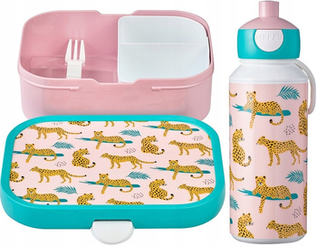 MEPAL zestaw 2 śniadaniówka lunchbox dla dziecka pojemnik bento na kanapki owoce bidon butelka z ustnikiem Leopard Lampart