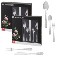 Sztućce Ambition Bubble zestaw 60 obiadowe komplet dla 12 osób z widelczykami do ciasta z tłoczonym wzorem nowoczesne do zmywarki
