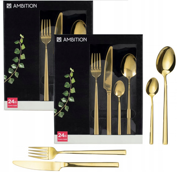 Sztućce Ambition Como zestaw 48 sztuk złote gold dla 12 osób kolorowe nowoczesne modern komplet do zmywarki 