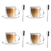 VIALLI DESIGN Amo komplet 4 filiżanek szklanek ze spodkami z podwójną ścianką 250ml + łyżeczki