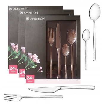Sztućce Ambition Sevilla zestaw 72 elementy obiadowe komplet dla 18 osób nowoczesne bez wzoru nierdzewne do zmywarki