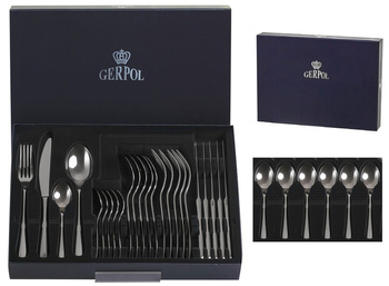GERPOL VENUS zestaw 30 sztućce nierdzewne dla 6 OSÓB komplet 24 obiadowe 6 łyżeczki małe do kawy nowoczesne połysk stal 18/10