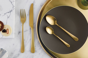Sztućce Amefa Austin Trend Gold zestaw 48 obiadowe ZŁOTE komplet dla 12 OSÓB nierdzewne nowoczesne gładkie bez wzoru bez niklu 18/0