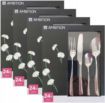 Ambition sztućce Wave zestaw 96 obiadowe komplet dla 24 osób nierdzewne nowoczesne gładkie bez wzoru do zmywarki